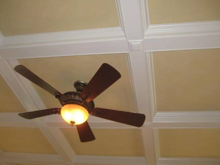 A dark five-blade ceiling fan with a glowing light kit, mounted in the middle of a cream coffered ceiling.